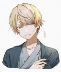  1boy blonde_hair closed_mouth commentary_request grey_kimono ichigo_ichie_na_hyakki_yagyou!?_(project_sekai) iwawa japanese_clothes kimono male_focus official_alternate_costume orange_eyes project_sekai short_hair simple_background solo tenma_tsukasa translation_request upper_body white_background 