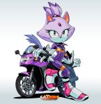  1girl animal_ears blaze_the_cat cat_ears cat_girl cat_tail eyelashes forehead_jewel full-length_zipper fur-trimmed_gloves fur_trim gloves highres jumpsuit leaning_against_motorcycle looking_at_viewer motor_vehicle motorcycle pink_footwear ponytail purple_fur satierf simple_background sonic_(series) sonic_riders standing standing_on_one_leg tail white_gloves yellow_eyes zipper zipper_pull_tab 