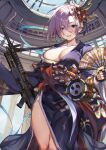  1girl absurdres aqua_eyes chest_sarashi flower folding_fan girls&#039;_frontline gun hair_flower hair_ornament hand_fan highres japanese_clothes kimono machine_gun mg5_(dark_blossom_of_the_end)_(girls&#039;_frontline) mg5_(girls&#039;_frontline) official_alternate_costume sarashi shinima solo weapon 