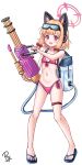  1girl alternate_costume bikini blonde_hair blue_archive halo highres momoi_(blue_archive) open_mouth pink_bikini pink_halo rylaera sandals short_hair simple_background standing swimsuit toes water_gun white_background 