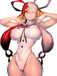  bracelet breasts cowboy_shot cropped_legs dress frilled_dress frills fumio_(rsqkr) hair_over_one_eye hair_rings hand_to_head hands_on_own_chest headphones highres jewelry leotard looking_at_viewer multicolored_hair neck_ribbon one_piece one_piece_film:_red purple_eyes red_hair ribbon solo split-color_hair standing sweat twintails two-tone_hair uta_(one_piece) white_dress white_hair white_leotard 