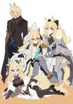  1boy 3girls :d animal_ear_fluff animal_ears arknights armor armored_boots black_bow black_footwear black_gloves black_jacket black_pants black_thighhighs blemishine_(arknights) blonde_hair blue_eyes blue_shirt boots bow breastplate breasts brown_background brown_gloves brown_headwear closed_mouth commentary_request crossed_legs garrison_cap gauntlets gloves hair_between_eyes hair_bow hat high_heels highres horse_ears horse_girl horse_tail jacket lying medium_breasts mlynar_(arknights) multiple_girls nearl_(arknights) on_side orange_eyes pants ponytail shirt short_eyebrows sitting sleepyowl_(jobkung15) smile standing standing_on_one_leg tail thick_eyebrows thighhighs tilted_headwear two-tone_background v-shaped_eyebrows whislash_(arknights) white_background 