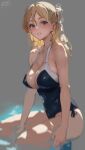  1girl black_one-piece_swimsuit blonde_hair braid breasts brown_eyes casual_one-piece_swimsuit commentary_request french_braid grey_background haruto_(harut_n) kantai_collection large_breasts long_hair one-piece_swimsuit parted_lips simple_background sitting solo swimsuit unfinished wavy_hair zara_(kancolle) 