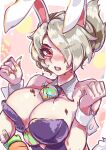  1girl :d bare_shoulders battle_bunny_riven black_leotard blonde_hair blush breast_press breasts brown_eyes carrot chocolate cleavage darklux detached_collar hair_over_one_eye highres league_of_legends leotard looking_at_viewer medium_hair nail_polish orange_nails riven_(league_of_legends) short_hair smile solo teeth upper_body upper_teeth_only wrist_cuffs 