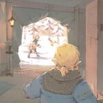  1boy 1girl ^^^ blonde_hair down_jacket earrings highres jacket jewelry kchang57 lantern link pointy_ears princess_zelda short_ponytail snow snowball sweatdrop the_legend_of_zelda the_legend_of_zelda:_tears_of_the_kingdom tree 