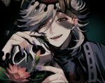  1boy black_hair blurry bud bug butterfly depth_of_field douma_(kimetsu_no_yaiba) eyelashes fangs fingernails flipped_hair flower forked_eyebrows green_background grey_hair hair_between_eyes half-closed_eyes hands_up highres holding holding_skull kimetsu_no_yaiba leaf long_fingernails long_hair long_sleeves looking_at_viewer lotus male_focus multicolored_eyes multicolored_hair open_mouth pink_flower portrait print_hair purple_nails rainbow_eyes red_hair ribbon_trim sharp_fingernails shirt skull solo streaked_hair text_in_eyes tight_clothes tight_shirt turtleneck yamada_chickenko 
