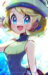  1girl :d blonde_hair blue_eyes blush commentary_request earrings eyelashes grey_headwear hand_up happy hat highres jewelry naoto_(yandereheaven) open_mouth pokemon pokemon_(anime) pokemon_journeys red_skirt serena_(pokemon) skirt smile solo sweater_vest tongue 