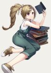  1girl arm_support blush bon_(bonbon315) book book_stack bow brown_hair full_body grey_overalls hair_bow hand_up high_ponytail highres holding holding_book long_hair looking_at_viewer original overalls purple_eyes shirt shoes simple_background sitting solo white_shirt 