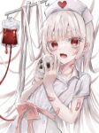  absurdres bandaid bandaid_on_arm bandaid_on_neck blood dress grey_hair halloween hat highres holding holding_skull intravenous_drip long_hair maruna(maa_ruu2) nurse nurse_cap open_mouth original piercing red_eyes skull white_dress white_hair yami_kawaii 