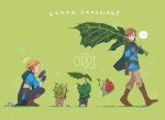  ... 1boy 1girl artist_name blonde_hair blue_eyes blue_tunic boots braid branch brown_footwear champion&#039;s_tunic_(zelda) crown_braid dated full_body green_background highres holding holding_leaf knee_boots korok leaf link orri_(iirokagi) pointy_ears princess_zelda purah_pad short_hair simple_background spoken_ellipsis the_legend_of_zelda the_legend_of_zelda:_tears_of_the_kingdom tunic twitter_username 