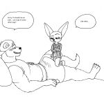  2023 4_toes 5_fingers anthro backwards_baseball_cap backwards_hat barefoot baseball_cap bear bernielover boxers_(clothing) bulge canid canine claws clothed clothing dialogue disney duo english_text erection erection_under_clothing feet fennec finger_claws fingers finnick_(zootopia) fox grin hat headgear headwear hi_res hindpaw humanoid_hands lying male male/male mammal on_back paws polar_bear size_difference smile speech_bubble teeth text toe_claws toes underwear ursine zootopia 