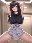  1girl absurdres armpits arms_behind_head black_hair black_skirt blurry blurry_background blush breasts commentary_request highres indoors jack_dempa large_breasts long_hair looking_at_viewer miyamae_shiho_(jack_dempa) mole mole_under_eye original presenting_armpit shirt skirt sleeveless sleeveless_shirt solo squatting sweat thighs white_skirt 