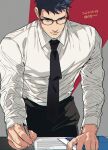  bara black_necktie black_pants blue_hair collared_shirt grey_background multicolored_background necktie original pants paper parted_lips red_background shirt signature twitter_username upper_body white_shirt writing yan_(bltyann) 