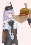  2girls absurdres ahoge blush burger cheese cloak food gloves goddess_of_victory:_nikke head-mounted_display highres holding holding_food jacket lettuce long_hair long_sleeves looking_at_viewer multiple_girls phinease pout pov pov_hands red_hood_(nikke) snow_white:_innocent_days_(nikke) snow_white_(nikke) tomato tomato_slice white_cloak white_hair yellow_eyes 
