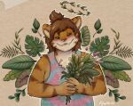  anthro body_hair bouquet brown_hair cheek_stripes chubby_male claws clothed clothing curled_hair eyes_closed fangssolo_focus felid feline flower flower_bouquet fur gabe_(mytigertail) hair leaf long_hair male mammal mytigertail overweight pantherine paws pictographics plant ponytail_(hair) shirt simple_background slightly_chubby slightly_chubby_anthro slightly_chubby_male smile solo tank_top text tiger topwear traditional_media_(artwork) 