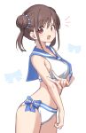  1boy azu_ankoowl blush breasts brown_hair double_bun hair_bun highres idolmaster idolmaster_shiny_colors looking_at_viewer medium_breasts notice_lines official_alternate_costume ribbon_print sailor_bikini sailor_collar simple_background smile solo sonoda_yuu twintails v white_background 