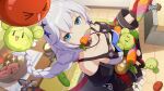  &gt;_&lt; 1girl ai-chan_(honkai_impact) bare_shoulders black_sleeves blue_eyes bowl braid breasts cabbage carrot collarbone earrings food food_in_mouth fruit gloves highres holding holding_food honkai_(series) honkai_impact_3rd indoors jewelry kallen_kaslana kallen_kaslana_(sin_hunter) kitchen looking_at_food looking_up medium_breasts necklace official_art official_wallpaper pickle potato red_gloves standing tomato vegetable white_hair 