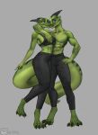  4_toes absurd_res acupa anthro big_breasts blue_eyes bottomwear bra breasts claws clothed clothing duo feet female fingers green_body hi_res horn male male/female multicolored_body muscular pants reptile scalie smile sports_bra standing toes topwear two_tone_body underwear 