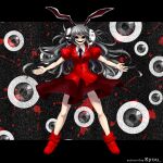  1girl animal_ears artist_name black_background black_necktie blood commentary_request crescent crescent_pin empty_eyes eyeball full_body grey_hair kyou_(mugen) long_hair looking_at_viewer m.u.g.e.n mask necktie noh_mask oni_mask oso_(toolate) rabbit_ears rabbit_girl red_footwear red_shirt red_skirt reisen_udongein_inaba shirt short_sleeves skirt smile solo standing touhou white_shirt 
