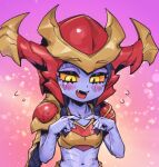  1girl :d armor black_hair blush collarbone colored_sclera fangs flying_sweatdrops helmet index_fingers_together league_of_legends long_hair navel open_mouth orange_sclera phantom_ix_row red_armor shoulder_plates shyvana sketch slit_pupils smile solo tongue upper_body yellow_eyes 
