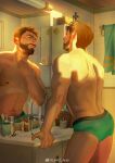  1boy ass back backlighting bara bathroom beard briefs brown_hair contrapposto facial_hair from_side highres large_pectorals linrz_aran looking_at_mirror male_focus male_underwear mirror muscular muscular_male mustache navel navel_hair nipples original pectorals razor_blade reflection shaving shaving_beard short_hair smile solo stomach topless_male underwear 