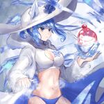  1girl animal_ears bikini blue_bikini blue_eyes blue_hair blue_nails bowl cherry closed_mouth expressionless fire_emblem fire_emblem_heroes flower food fruit hair_flower hair_ornament highres holding holding_bowl jacket leon0630claude long_hair long_sleeves nifl_(fire_emblem) nifl_(summer)_(fire_emblem) shaved_ice snow solo swimsuit upper_body white_headwear white_jacket 