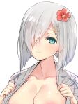  1girl aqua_eyes areola_slip battle_koala blush breasts cleavage collarbone flower grey_hair hair_flower hair_ornament hairclip hamakaze_(kancolle) japanese_clothes kantai_collection kimono large_breasts looking_at_viewer open_clothes red_flower short_hair simple_background smile solo upper_body white_background yukata 