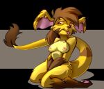  abstract_background anthro applepost67 big_ears breasts brown_body brown_fur brown_hair colored convenient_censorship digitigrade female fur hair jakkai kneeling long_tail nipples nude orange_eyes pawpads rhea_snaketail signature slightly_damned solo tail tail_tuft tongue tongue_out tuft webcomic yellow_body yellow_fur 