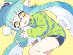  1girl aqua_hair aqua_headwear baseball_cap bike_shorts eyelashes fetal_position green_jacket gun hat holding holding_gun holding_weapon inkling inkling_girl inuowour jacket long_hair looking_at_viewer luna_blaster_(splatoon) open_mouth pointy_ears simple_background solo splatoon_(series) weapon yellow_eyes 