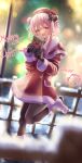  1girl absurdres alternate_costume azuma_(sospower73) beret blue_archive blurry blurry_background blurry_foreground blush christmas city_lights english_text fence gift gloves hair_between_eyes hair_ornament hat highres leg_up open_mouth pantyhose pink_eyes pink_hair santa_costume serina_(blue_archive) shoes solo 