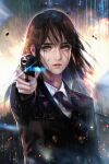 1girl blood blood_on_clothes blue_eyes blurry brown_hair collared_shirt cover cover_page crying crying_with_eyes_open depth_of_field elpenlit embers english_commentary expressionless gun handgun highres holding holding_gun holding_weapon long_hair looking_at_viewer mixed-language_commentary necktie novel_cover pointing_gun rain science_fiction shirt tears theory_of_paradise weapon 