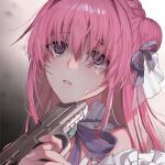  1girl attempted_suicide braid crying crying_with_eyes_open detached_sleeves dorothy_(nikke) dress game_cg goddess_of_victory:_nikke gun hair_bun holding holding_gun holding_weapon long_hair long_sleeves non-web_source off-shoulder_dress off_shoulder official_art pink_hair purple_eyes simple_background spoilers tears third-party_source very_long_hair wavy_hair weapon white_dress 