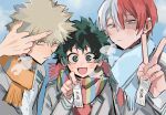  3boys :d bakugou_katsuki blazer blonde_hair blue_eyes blue_scarf blue_sky boku_no_hero_academia breath burn_scar chromatic_aberration closed_mouth expressionless film_grain freckles green_eyes green_hair green_scarf grey_eyes grey_jacket hair_between_eyes heterochromia highres holding holding_paper jacket long_sleeves looking_at_viewer male_focus middle_finger midoriya_izuku multicolored_clothes multicolored_hair multicolored_scarf multiple_boys necktie omikuji open_mouth orange_scarf paper red_eyes red_hair red_necktie red_scarf scar scar_on_face scarf school_uniform shirt short_hair sky smile spiked_hair split-color_hair striped striped_scarf todoroki_shouto two-tone_hair u.a._school_uniform upper_body v white_hair white_shirt yumei_(jigoku101) 