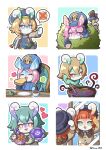  6+girls :&lt; :d ^_^ absurdres animal_ears apron aqua_background artist_name belt beret black_headwear blathine_(genshin_impact) blue_apron blue_background blue_coat blue_headwear blush bouquet brown_coat brown_hair brown_ribbon brown_shirt bush butter butter_knife buttons canvas_(object) chair closed_eyes closed_mouth coat coffee coffee_mug coin collared_dress commentary_request cooking_pot cosanzeana_(genshin_impact) crossed_bangs cup dog dress flower flower_(symbol) food genshin_impact gentleman_poodle_(genshin_impact) green_dress green_eyes grey_hair hair_between_eyes hat heart highres holding holding_bouquet holding_flower holding_food holding_paintbrush long_sleeves looking_at_viewer mamere_(genshin_impact) melusine_(genshin_impact) mirror mora_(genshin_impact) motion_lines mug muirne_(genshin_impact) multiple_girls naku_weed niwa_2810 open_mouth orange_belt orange_eyes orange_flower outline paint paint_on_clothes paint_splatter paintbrush parted_bangs peaked_cap pink_background pink_eyes pink_hair plate potion purple_background purple_flower red_hair reflection rhemia_(genshin_impact) ribbon saucer shaking_head shirt short_hair silk_flower_(genshin_impact) sitting sleeve_cuffs sleeveless sleeveless_dress smile sparkle speech_bubble spoken_object stirring sumeru_rose_(genshin_impact) swept_bangs table tail toast twitter_username verenata_(genshin_impact) white_outline windwheel_aster_(genshin_impact) yellow_background 