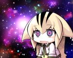  1girl arthropod_girl black_hair blonde_hair collared_shirt commentary_request drooling eyes_visible_through_hair galaxy_background hair_ears long_hair meme meta&#039;36 multicolored_hair necktie no_nose open_mouth original purple_hair red_pupils shirt solo space_cat_(meme) striped_hair white_shirt yellow_necktie 