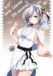  1girl anniversary breasts copyright_name dress flower grey_eyes grey_hair hachiware_(8ware63) hair_flower hair_ornament highres kantai_collection long_hair medium_breasts one_side_up sleeveless sleeveless_dress smile solo suzutsuki_(kancolle) white_dress 