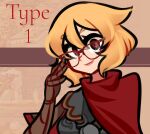  1girl adjusting_eyewear armor black_eyes blonde_hair brown_gloves centurii-chan centurii-chan_(artist) city cloak elbow_gloves english_text glasses gloves highres original red-framed_eyewear red_cloak red_eyes roman_clothes short_hair solo two-tone_eyes upper_body 