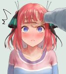  1boy 1girl black_ribbon blue_eyes blunt_bangs blush bob_cut butterfly_hair_ornament closed_mouth collarbone commentary_request go-toubun_no_hanayome hair_ornament hair_ribbon hand_on_another&#039;s_head hand_on_own_neck highres ishiyuki multicolored_nails multicolored_shirt nakano_nino pink_hair ribbon shirt short_hair sidelocks solo striped striped_shirt sweatdrop uesugi_fuutarou 