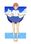  1girl barefoot blue_skirt buttons closed_mouth clothes_lift cloud cloudy_sky collared_shirt day feet framed frown half-closed_eyes legs_apart looking_down orange_hair original pleated_skirt purimari shirt short_hair short_sleeves skirt skirt_lift sky solo standing summer water white_background white_shirt 
