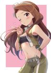  1girl absurdres bare_shoulders belt black_tube_top blush breasts brown_eyes brown_hair cleavage cowboy_shot cropped_jacket dot_nose green_jacket green_pants green_wristband grey_belt grid_background hairband hand_on_own_hip hand_up heart highres idolmaster idolmaster_(classic) idolmaster_million_live! idolmaster_million_live!_theater_days jacket long_hair looking_at_viewer midriff minase_iori navel one_eye_closed open_clothes open_jacket pants pink_background red_eyes shuucream_(syuichi) small_breasts smile solo strapless tube_top two-tone_background w white_background white_hairband 