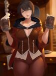  1girl beer_mug blue_eyes blurry blurry_background breasts brown_hair closed_mouth cowboy_shot cup hair_between_eyes highres holy_meh jacket large_breasts lips mug navel open_clothes open_jacket original pants short_hair solo tight_clothes tight_pants 
