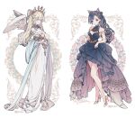  2girls angel_wings animal_ears asymmetrical_hair bare_legs bare_shoulders black_dress black_hair blonde_hair blue_eyes breasts cat_ears cleavage cleavage_cutout clothes_lift clothing_cutout dress dress_lift drill_hair embroidery fashion frilled_dress frills full_body grey_eyes hair_ornament heterochromia high_heels lemon89h looking_at_viewer medium_breasts multiple_girls original own_hands_together parted_bangs red_eyes scar small_breasts standing stole tiara twintails wavy_hair white_dress wings yellow_footwear 