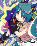  1girl aqua_hair belt black_gloves blue_belt blush collared_shirt commentary_request double_bun dragon_miku_(project_voltage) fake_horns gloves grey_hair grey_shirt hair_between_eyes hair_bun hand_up hatsune_miku highres holding holding_poke_ball horns long_hair looking_at_viewer multicolored_hair notamaru_2 open_mouth outline poke_ball poke_ball_(basic) pokemon project_voltage shirt shoulder_tattoo solo star_(symbol) tattoo twintails very_long_hair vocaloid white_outline 