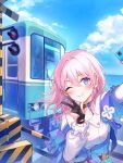  1girl absurdres black_choker blue_eyes blue_sky blush boom_barrier breasts cellphone choker cloud cloudy_sky collarbone cumulonimbus_cloud day gradient_eyes ground_vehicle hair_between_eyes highres honkai:_star_rail honkai_(series) horizon jacket jewelry locomotive long_sleeves looking_at_viewer march_7th_(honkai:_star_rail) medium_breasts medium_hair multicolored_eyes ocean outdoors phone pink_hair purple_eyes railroad_crossing railroad_signal railroad_tracks rangu road_sign scenery shirt sign sky smile solo subway sunlight tied_jacket train train_station_platform water white_shirt 