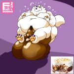  anthro bakers_royale barazoku bear belly between_thighs big_belly big_butt bodily_fluids brown_body brown_fur brown_hair butt canid canine canis carrying cel_shading cinna_(megacoolbear) digital_media_(artwork) domestic_dog duo english_text fluffy fluffy_tail fujiyama_kenhaku fujiyama_samoyed_(artist) fur hair huge_butt hyper hyper_belly hyper_butt male male/male mammal nipples nordic_sled_dog obese obese_anthro obese_male on_shoulders oral overweight overweight_anthro overweight_male samoyed shaded simple_background spitz sweat tail text thick_thighs white_body white_fur yellow_nipples 