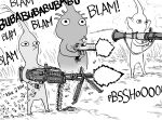  automatic_firearm automatic_rifle baalbuddy detailed detailed_background elemental_creature feral flora_fauna greyscale group gun hi_res monochrome nintendo onomatopoeia pikmin pikmin_(species) plant purple_pikmin ranged_weapon red_pikmin rocket_launcher sound_effects text trio weapon yellow_pikmin 
