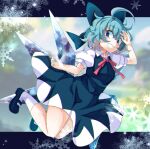  1girl ahoge black_footwear blue_dress blue_eyes blue_hair blurry blurry_background cirno commentary detached_wings dress full_body ice ice_wings jyaoh0731 looking_at_viewer outdoors short_hair short_sleeves smile snowflakes socks solo touhou white_socks wings 