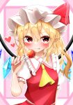  1girl :p bad_hands blush breasts candy crystal flandre_scarlet food frilled_shirt_collar frills hair_between_eyes hat heart highres holding holding_candy holding_food holding_lollipop kaede_(kaede_fs495) lollipop long_hair looking_at_viewer mob_cap nail_polish one_side_up pointy_ears red_nails simple_background small_breasts solo sparkle tongue tongue_out touhou upper_body wings 