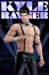  1boy abs artist_name bara belt black_belt black_hair black_pants blush dc_comics detached_collar evinist green_lantern_(series) highres kyle_rayner large_pectorals male_focus muscular muscular_male navel nipples pants pectorals short_hair smile solo suspenders topless_male wristband 