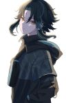  1boy absurdres alternate_costume black_hair black_hood closed_mouth genshin_impact green_hair gs_hogehoge highres hood hooded_jacket jacket long_sleeves male_focus multicolored_hair short_hair white_background xiao_(genshin_impact) yellow_eyes 